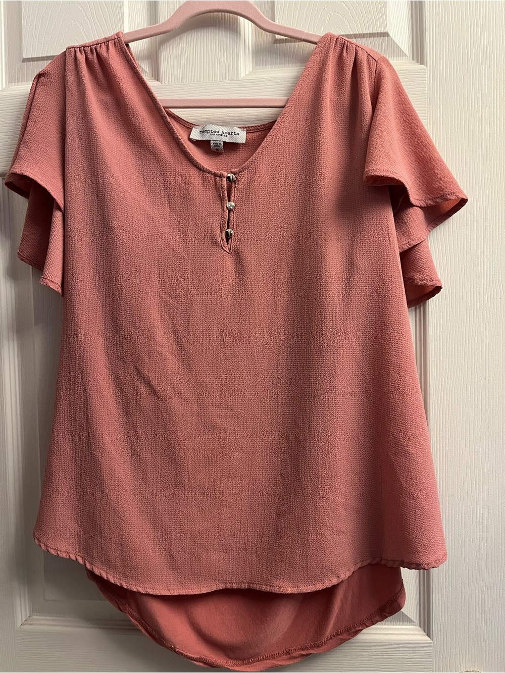 #9 Tempted Hearts Women’s Dusty Rose Gold Button Flutter Sleeve Blouse 1x